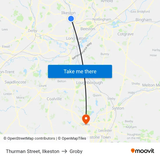 Thurman Street, Ilkeston to Groby map