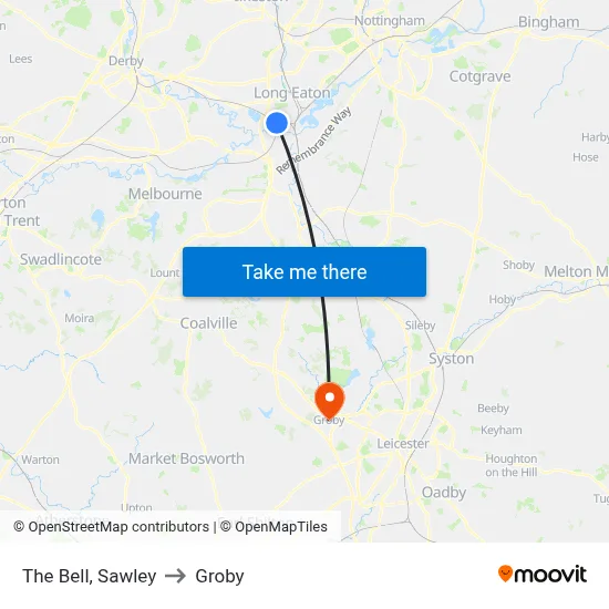 The Bell, Sawley to Groby map