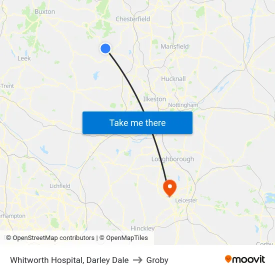Whitworth Hospital, Darley Dale to Groby map
