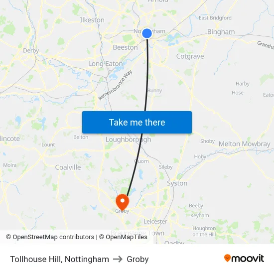 Tollhouse Hill, Nottingham to Groby map