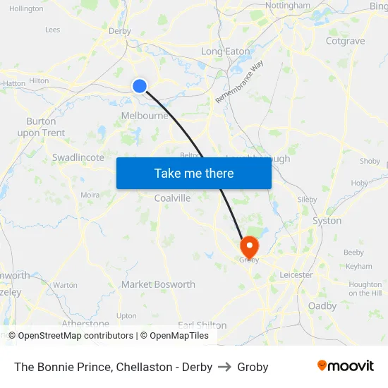 The Bonnie Prince, Chellaston - Derby to Groby map