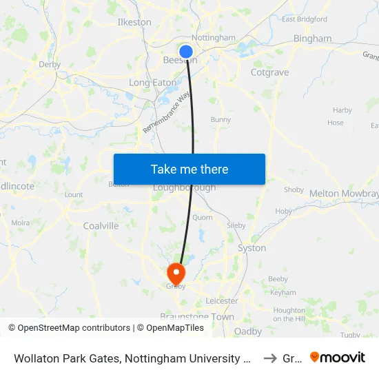 Wollaton Park Gates, Nottingham University Main Campus (Un12) to Groby map