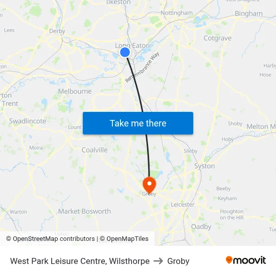 West Park Leisure Centre, Wilsthorpe to Groby map