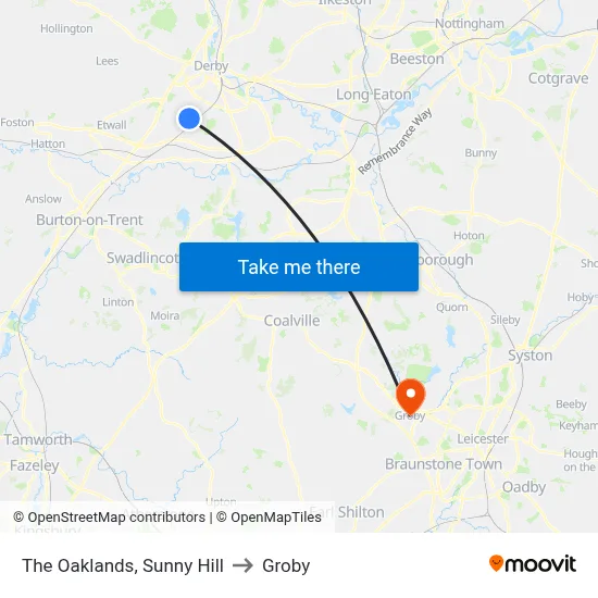 The Oaklands, Sunny Hill to Groby map