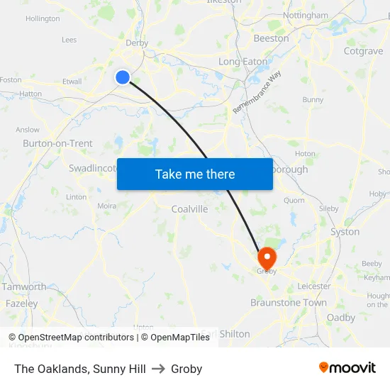 The Oaklands, Sunny Hill to Groby map