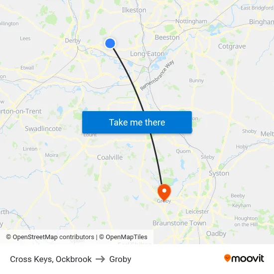 Cross Keys, Ockbrook to Groby map