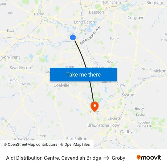 Aldi Distribution Centre, Cavendish Bridge to Groby map