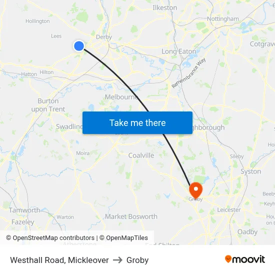 Westhall Road, Mickleover to Groby map
