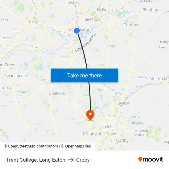 Trent College, Long Eaton to Groby map