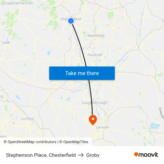 Stephenson Place, Chesterfield to Groby map