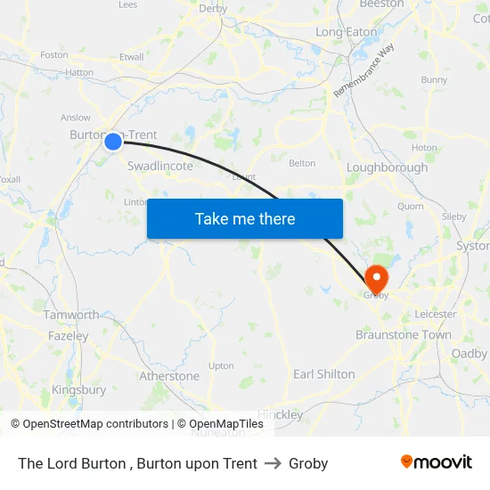 The Lord Burton , Burton upon Trent to Groby map