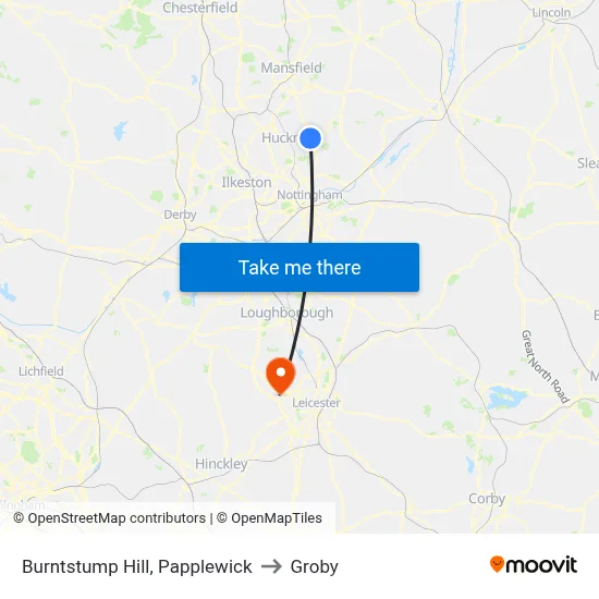 Burntstump Hill, Papplewick to Groby map