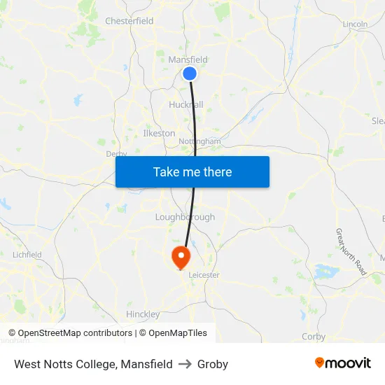 West Notts College, Mansfield to Groby map