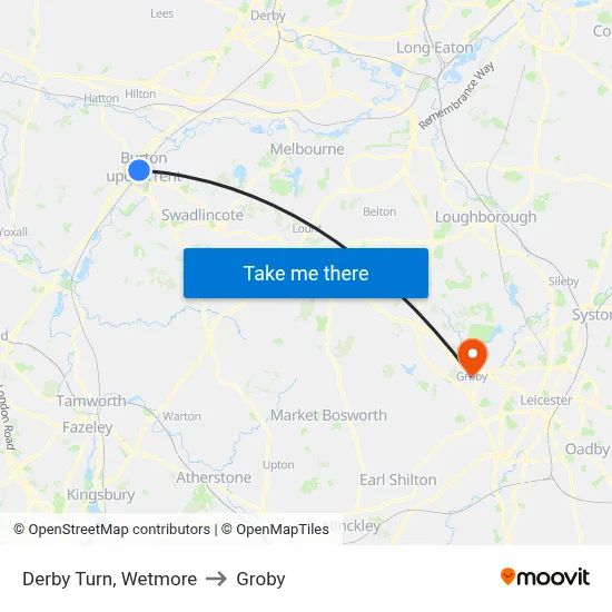 Derby Turn, Wetmore to Groby map