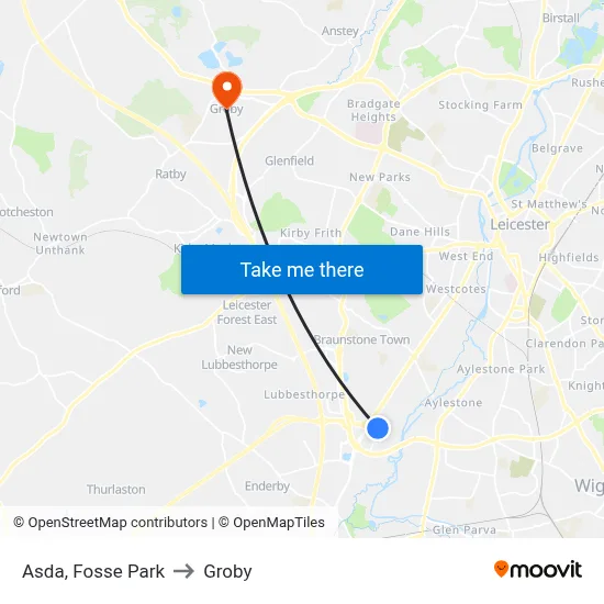 Asda, Fosse Park to Groby map