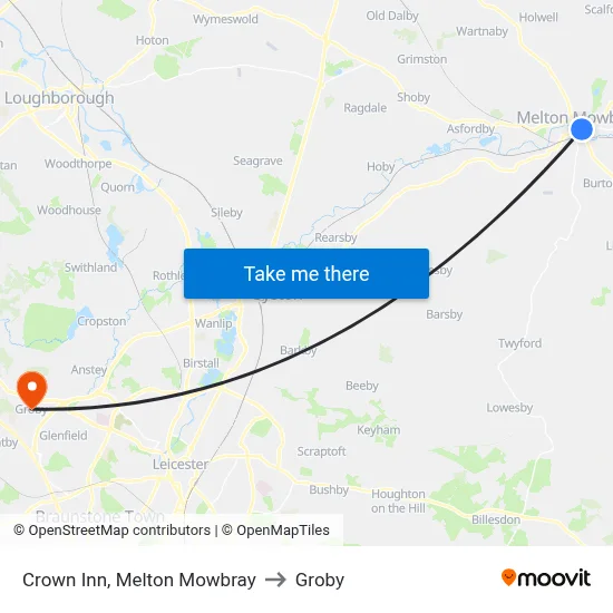 Crown Inn, Melton Mowbray to Groby map