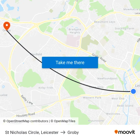 St Nicholas Circle, Leicester to Groby map