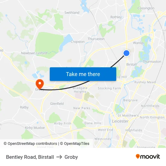 Bentley Road, Birstall to Groby map