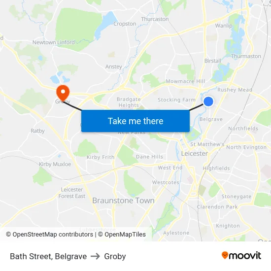 Bath Street, Belgrave to Groby map
