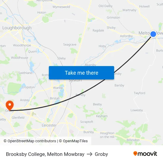 Brooksby College, Melton Mowbray to Groby map