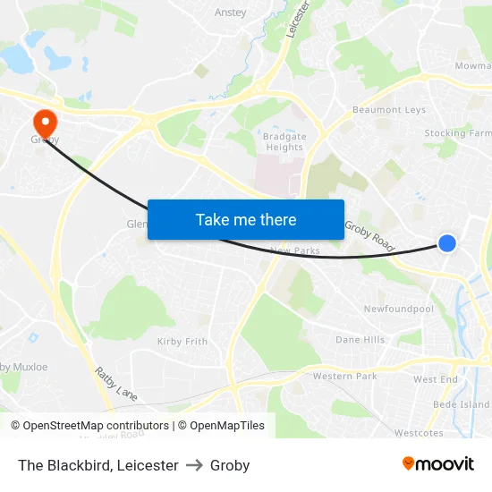 The Blackbird, Leicester to Groby map