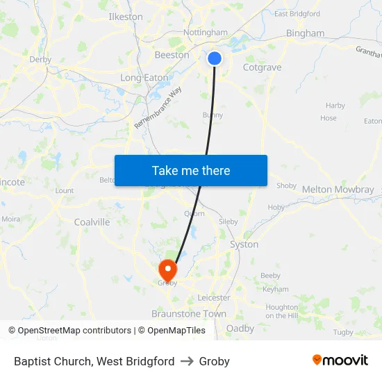 Baptist Church, West Bridgford to Groby map