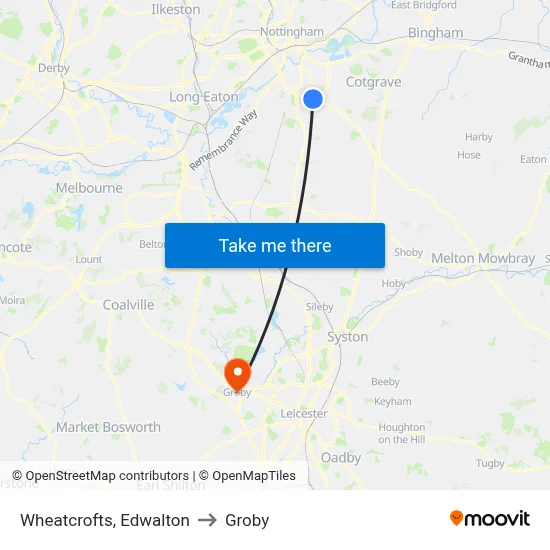 Wheatcrofts, Edwalton to Groby map