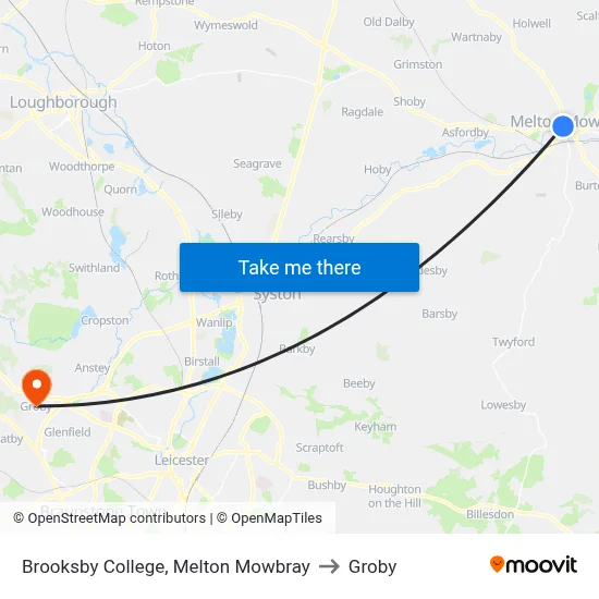 Brooksby College, Melton Mowbray to Groby map