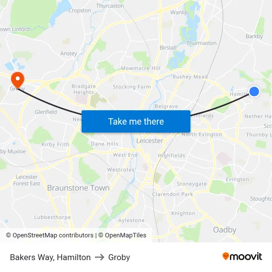 Bakers Way, Hamilton to Groby map