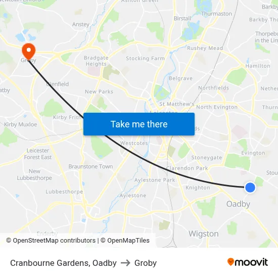 Cranbourne Gardens, Oadby to Groby map