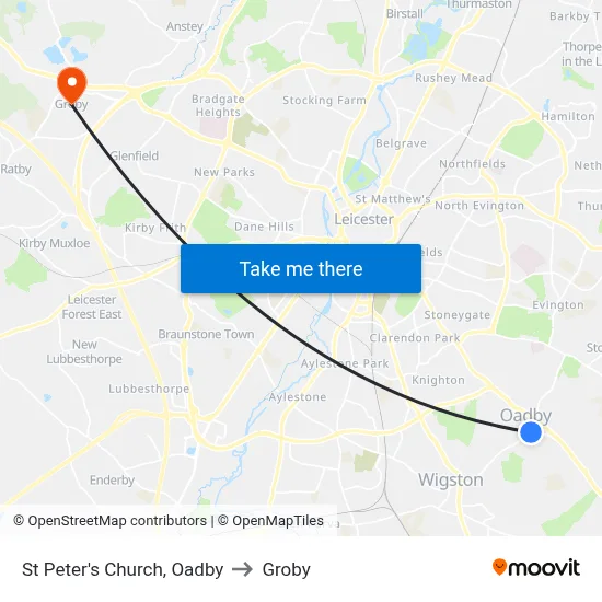 St Peter's Church, Oadby to Groby map