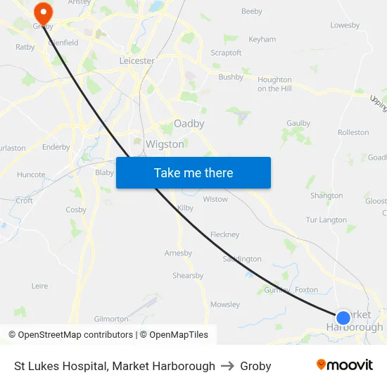 St Lukes Hospital, Market Harborough to Groby map