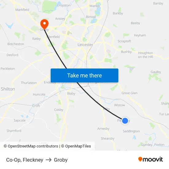 Co-Op, Fleckney to Groby map