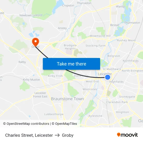 Charles Street, Leicester to Groby map