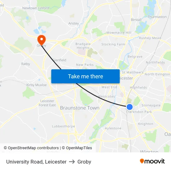 University Road, Leicester to Groby map
