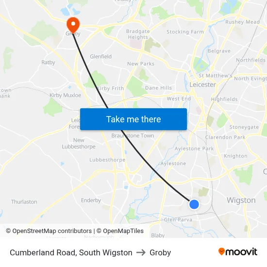 Cumberland Road, South Wigston to Groby map