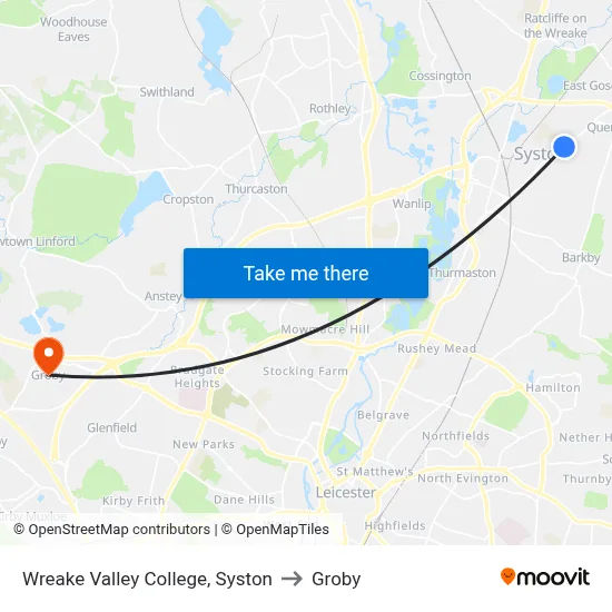 Wreake Valley College, Syston to Groby map