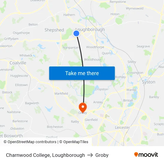 Charnwood College, Loughborough to Groby map