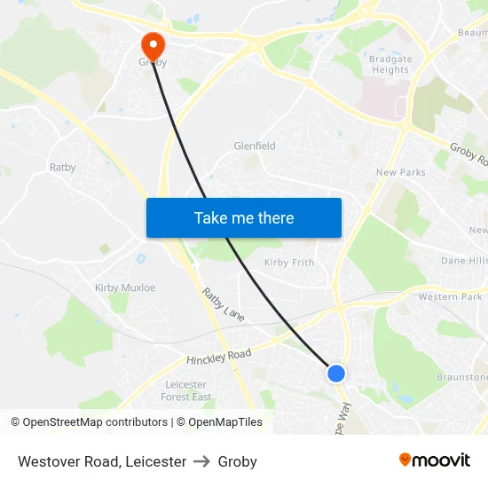 Westover Road, Leicester to Groby map