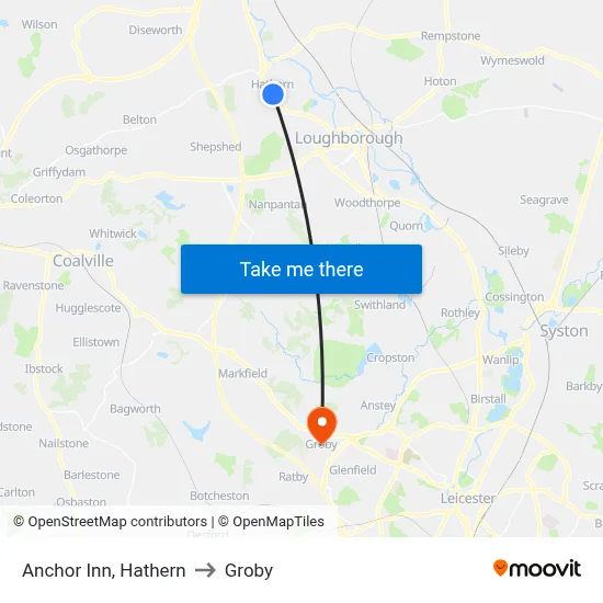 Anchor Inn, Hathern to Groby map