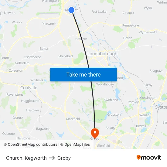 Church, Kegworth to Groby map