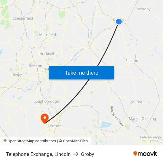 Telephone Exchange, Lincoln to Groby map