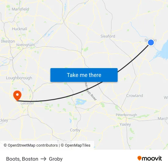 Boots, Boston to Groby map