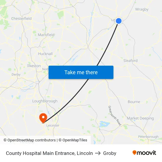 County Hospital Main Entrance, Lincoln to Groby map