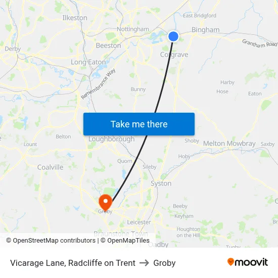 Vicarage Lane, Radcliffe on Trent to Groby map