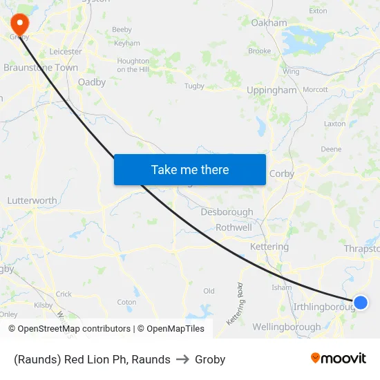 (Raunds) Red Lion Ph, Raunds to Groby map