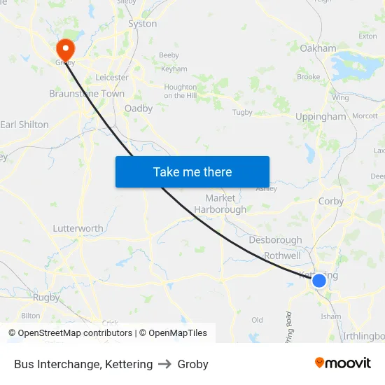 Bus Interchange, Kettering to Groby map