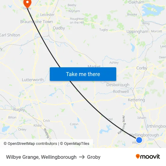 Wilbye Grange, Wellingborough to Groby map