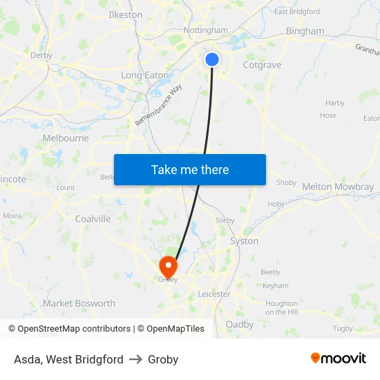 Asda, West Bridgford to Groby map
