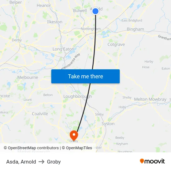 Asda, Arnold to Groby map